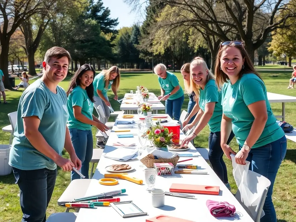 An image showing volunteers setting up for a community event, highlighting the collaborative spirit of COMITE DES FETES OUISTREHAM.