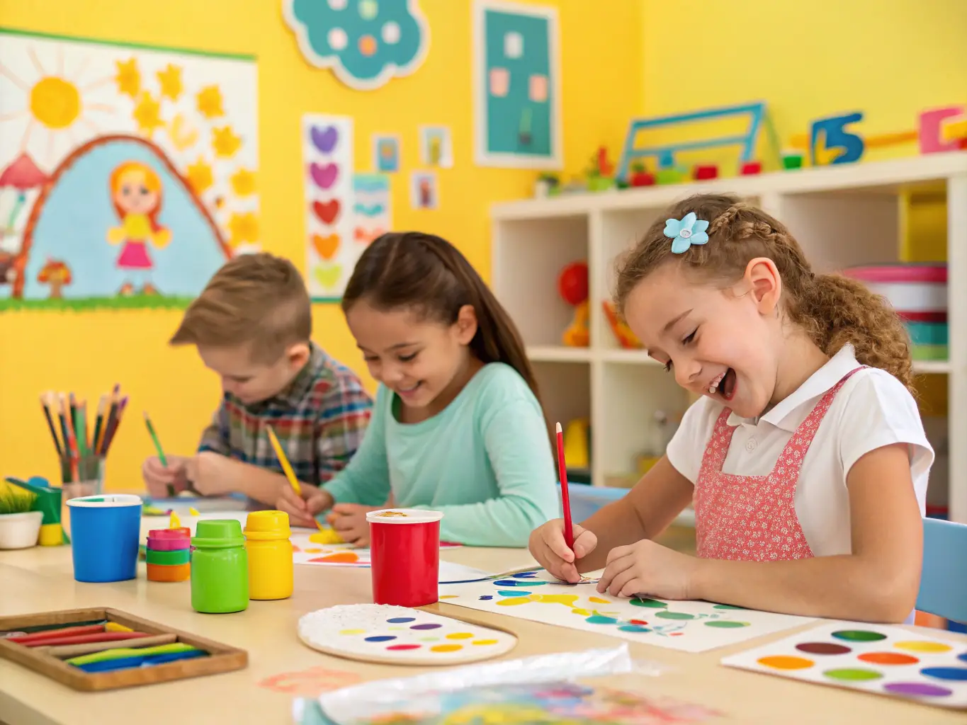 A photograph of children participating in an art workshop during one of COMITE DES FETES OUISTREHAM's cultural events, highlighting creativity and community engagement.