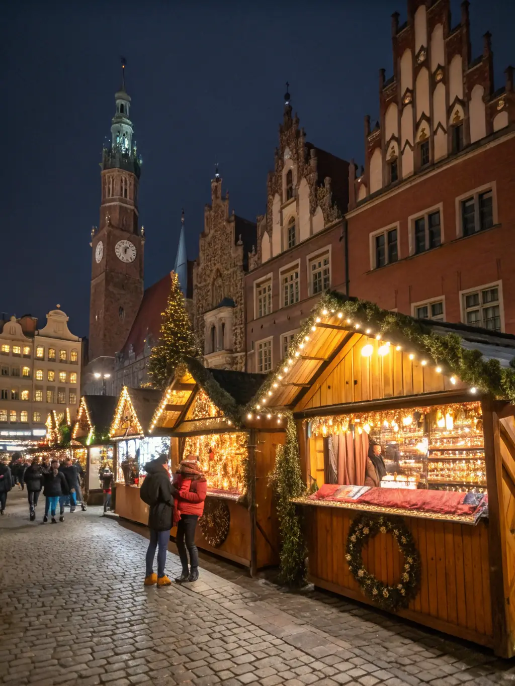 A photo of volunteers setting up decorations for the Christmas market, highlighting the community spirit and festive atmosphere.