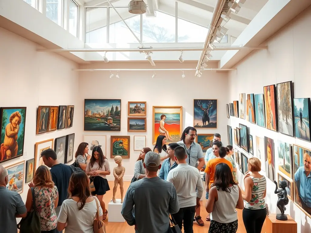 A photograph capturing an art exhibition organized by COMITE DES FETES OUISTREHAM, showcasing local artists and their work.