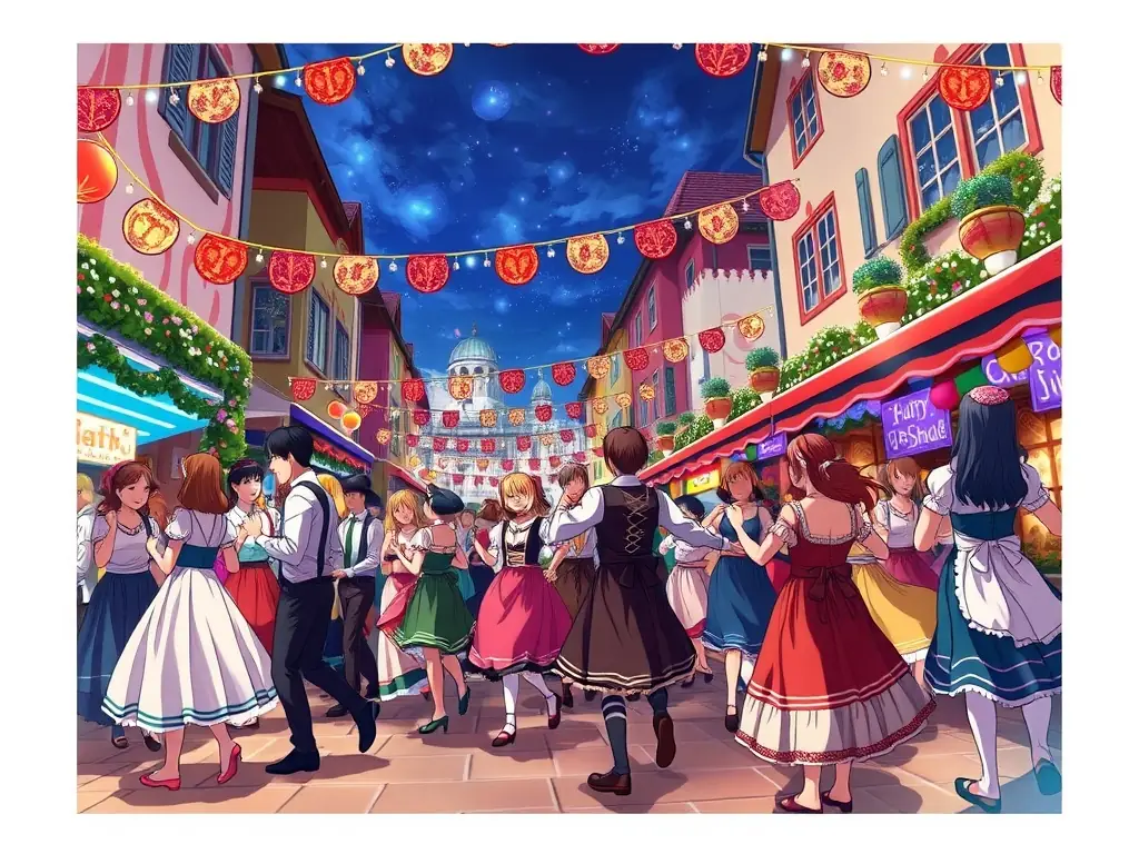 A vibrant image depicting a traditional French festival with people dancing in traditional attire, showcasing the cultural richness promoted by COMITE DES FETES OUISTREHAM.
