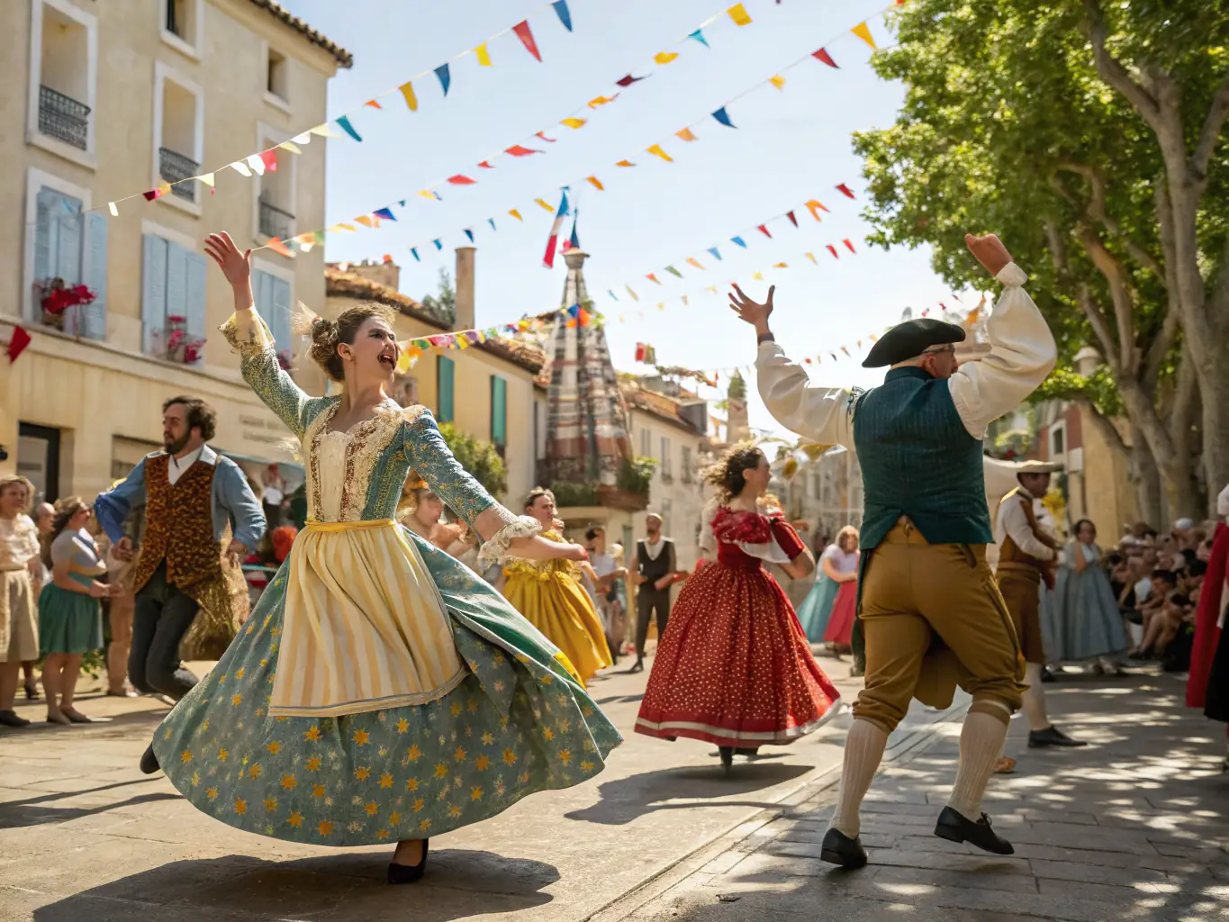 A vibrant image depicting a traditional French festival with people dancing and celebrating in the streets of Ouistreham, showcasing the lively atmosphere and community spirit.