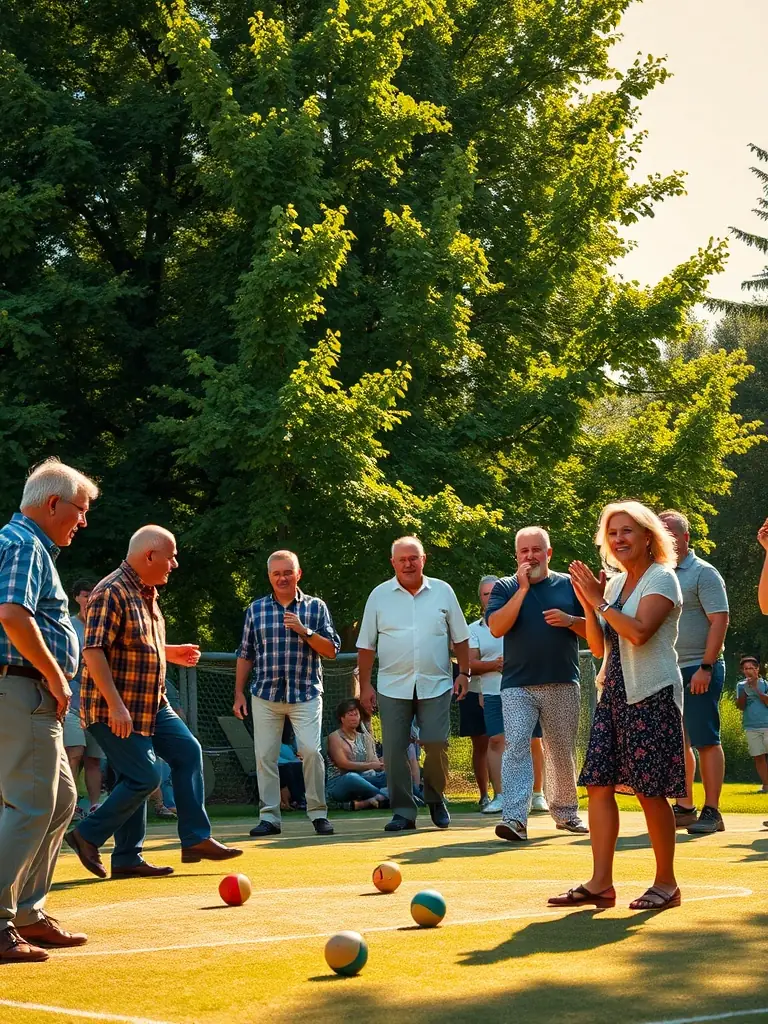 A picture of participants engaged in a pétanque tournament, showcasing the friendly competition and social interaction.